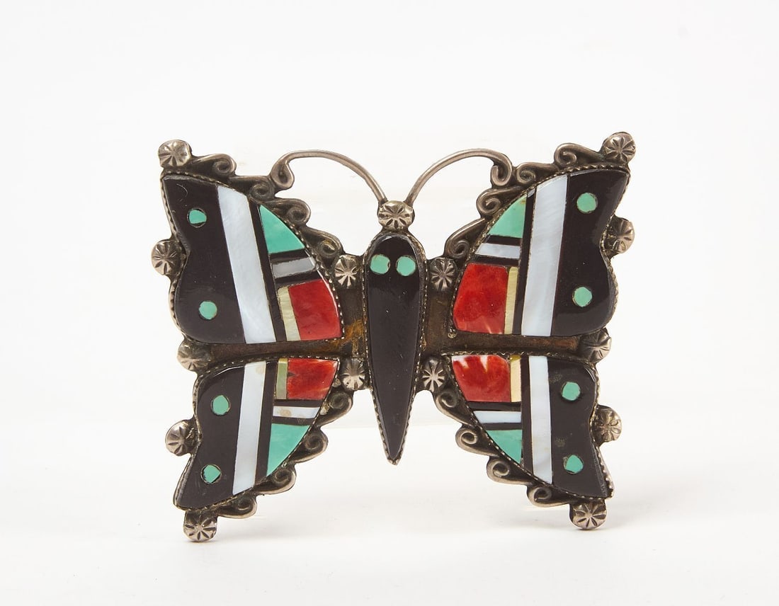 Cellicion Zuni Butterfly Pin: Zuni butterfly pin signed by a member of the Cellicion family, likely Esther. Southwestern US, 20th century. Weight: 1.14 ozt. L 2-3/8 in. W 2-3/4 in.