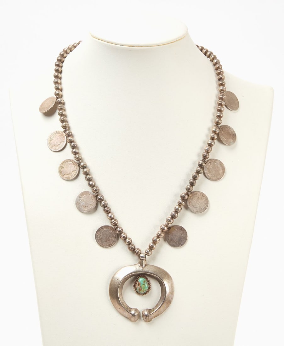 Native American Silver Necklace with Silver Dimes: Native American silver Naja necklace with silver dimes. Southwestern US, circa 1920. Total Weight: 2.67 ozt. L 11-3/4 in. Naja: L 1-7/8 in.