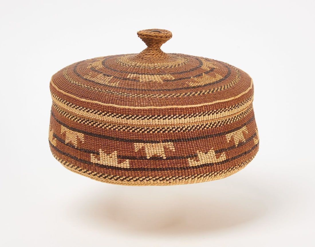 Northwest Coast Covered Basket: Northwest Coast Native covered basket. Circa 1900. H 5 in. D 7-1/4 in. 