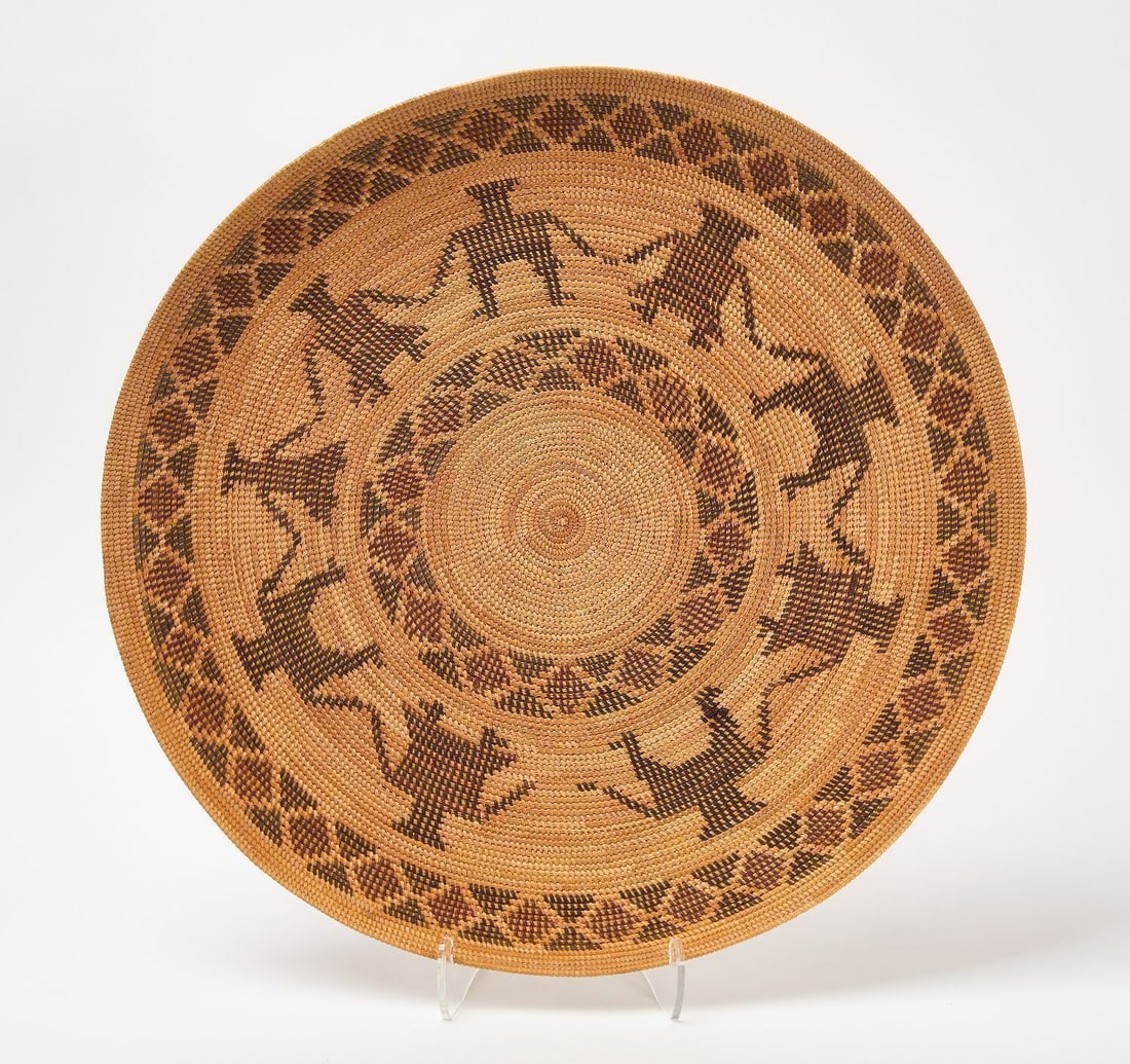 Northwest Gambling Tray: Yokut polychrome basket with figures and teo rattlesnake bands. Circa 1900. D 20-3/8 in. 