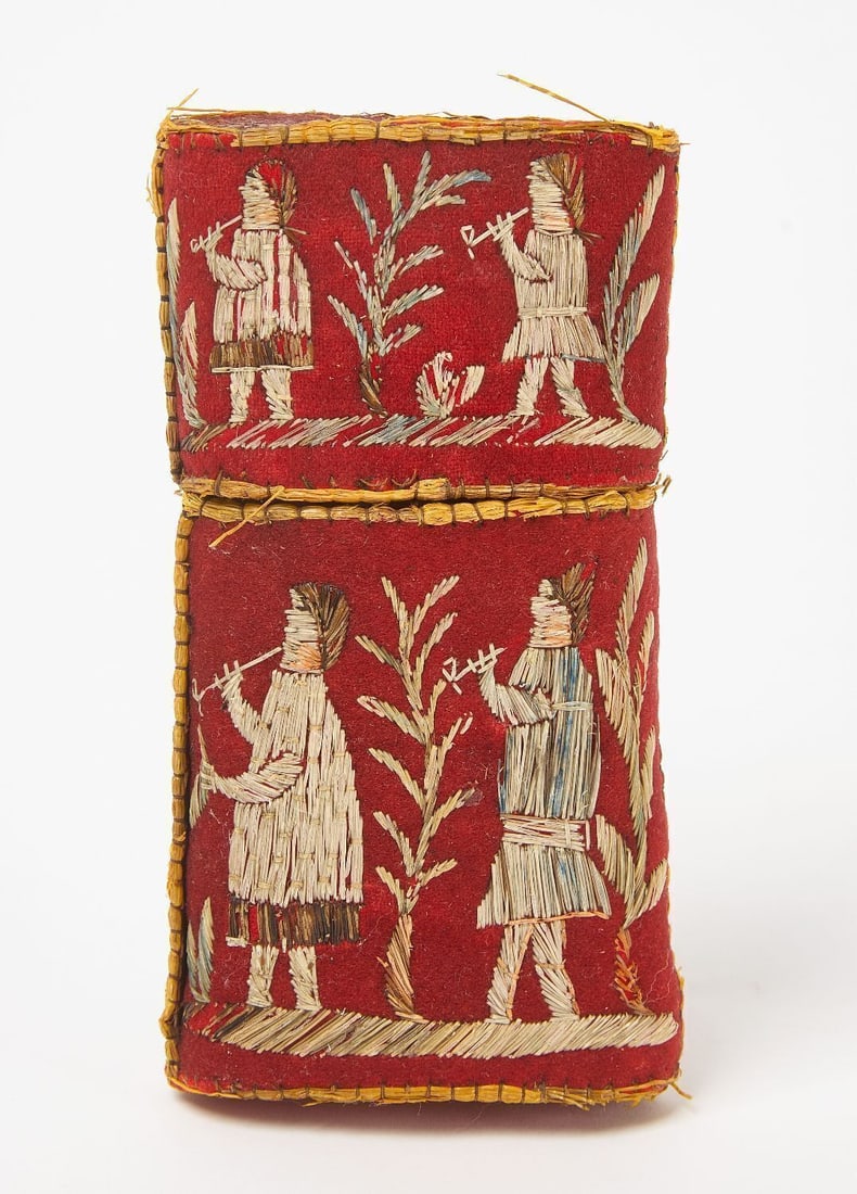 Fine Huron Quill Work Case: Fine Huron quill work case. Four Native American figures on each side. Executed with quill work on red trade cloth, stitched to birchbark. Mid 19th century. H 5 in. W 2-1/2 in. D 1 in.