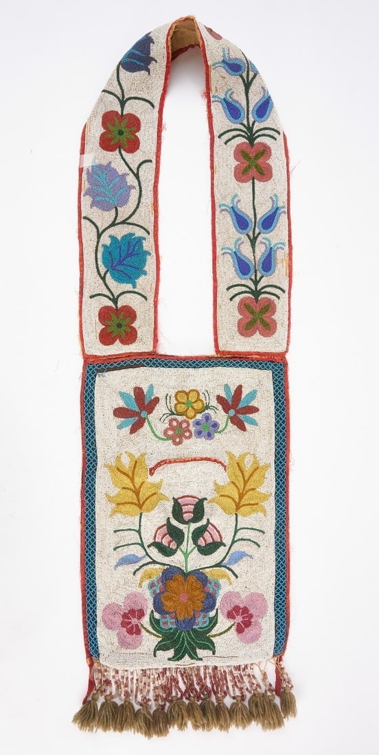 Chippewa Bandolier Bag: Chippewa bandolier bag. Glass beads in cloth. L 42 in. W 12-1/2 in.