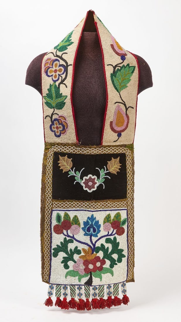 Chippewa Bandolier Bag: Chippewa Bandolier bag. Beadwork on fabric. Great Lakes region, circa 1895. L 44 in. W 14-1/2 in.