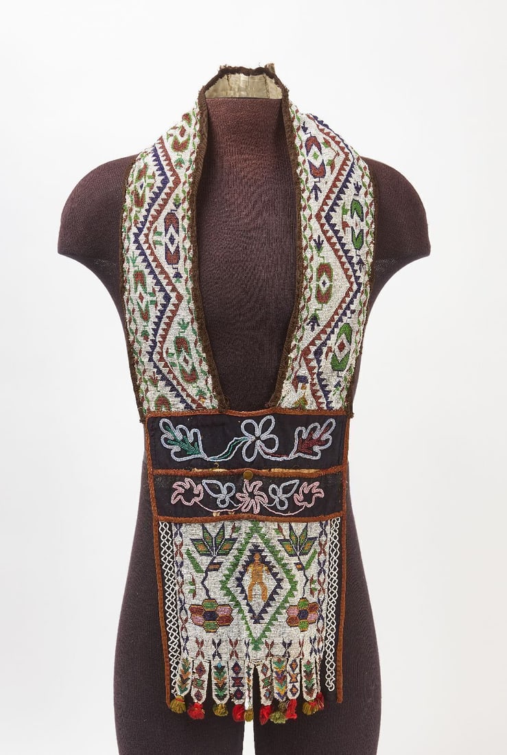 Great Lakes Bandolier Bag: Great Lakes bandolier bag. Glass beads on fabric. Great Lakes region, 19th century. L 36 in. W 10-3/4 in.