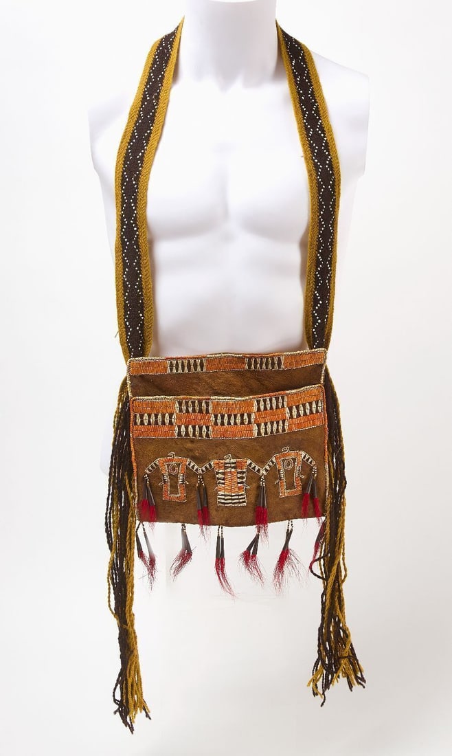 Quill Work Bag: Bag with quill work figures and geometric strips. Tin cones. Plains region, late 19th century. H 8-1/2 in. W 10 in.