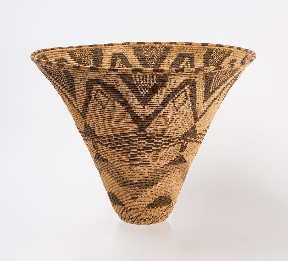 Native American Burden Basket: Native American coiled burden basket. H 14-1/4 in. D 19-1/4 in.