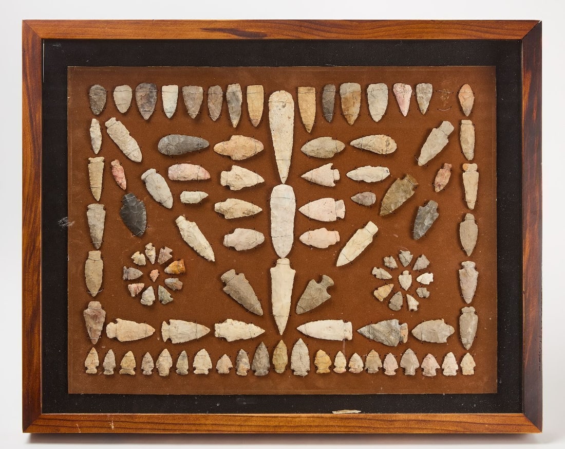Collection of Native Stone Points: Collection of Native stone points. Approx 100 points, professionally mounted. Longest: 5 in. Frame: 