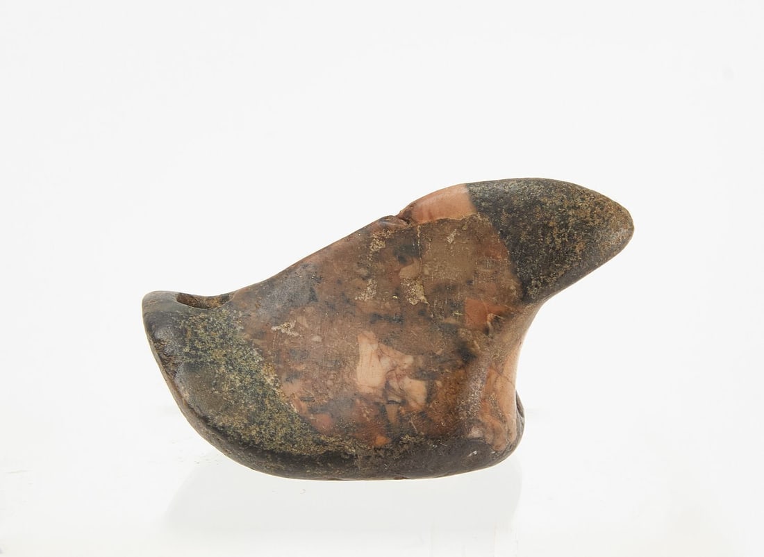 Porphyry Stone Birdstone: Native birdstone made of porphyry stone. Ohio. H 1-3/8 in. W 1-1/2 in. L 2-1/2 in. Condition: Excellent. Provenance: Jan Sorgenfrei, 2000-2010. 