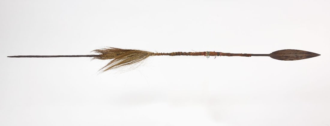 Native American Plains Trade Spear: Native American Plains Trade Spear with beads and horsehair. Great Plains region, mid-to-late 19th century. L 51 in.
