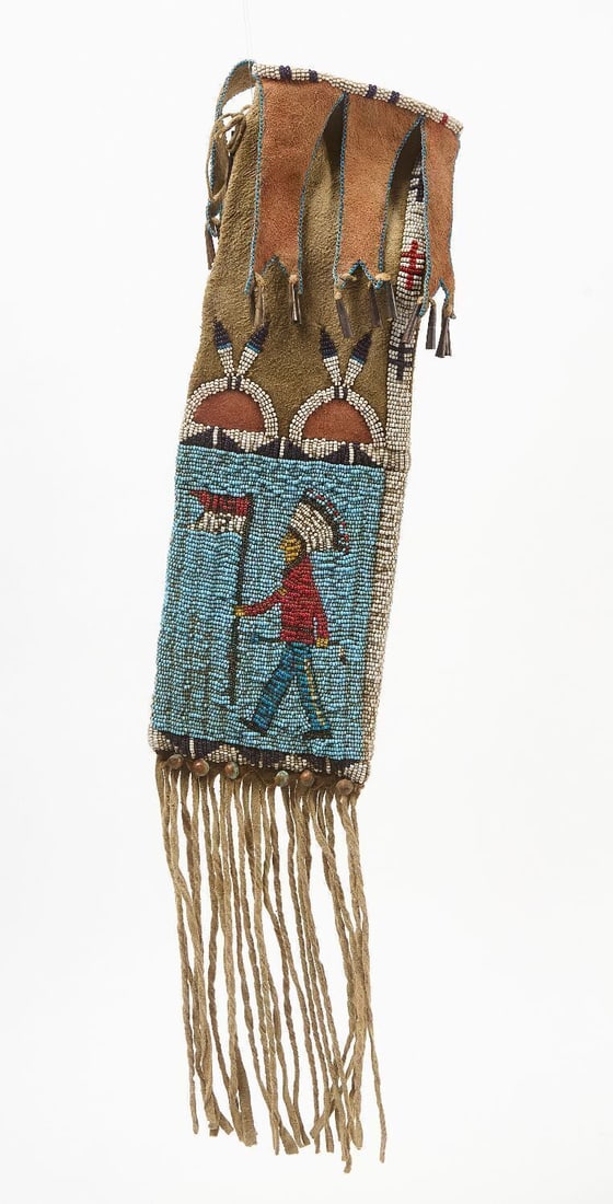 Sioux Pictorial Pipe Bag: Sioux pictorial pipe bag. Two sided. Glass beads on pigmented hide. Sinew sewn. Circa 1895. L 23 in. 