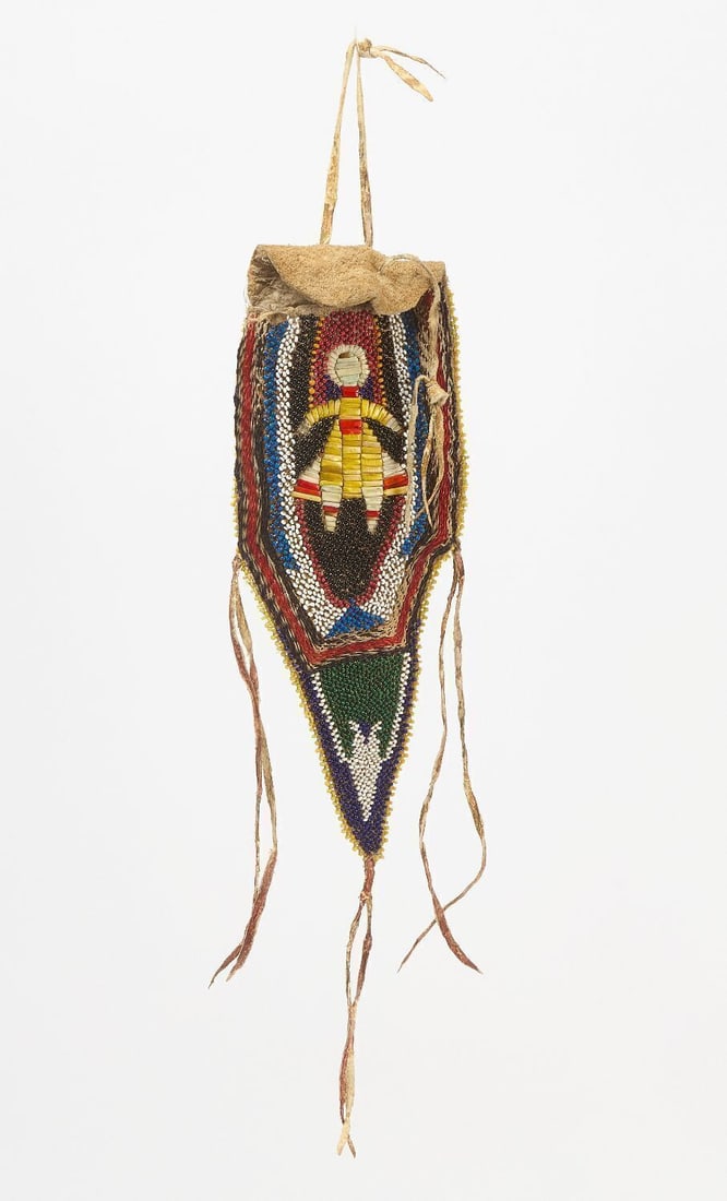 Pictorial Quill Work Bag: Pictorial quill work bag with fine small beadwork and twill triple border. Fringe with red pigment. 19th century. L 13 in. with fringe.