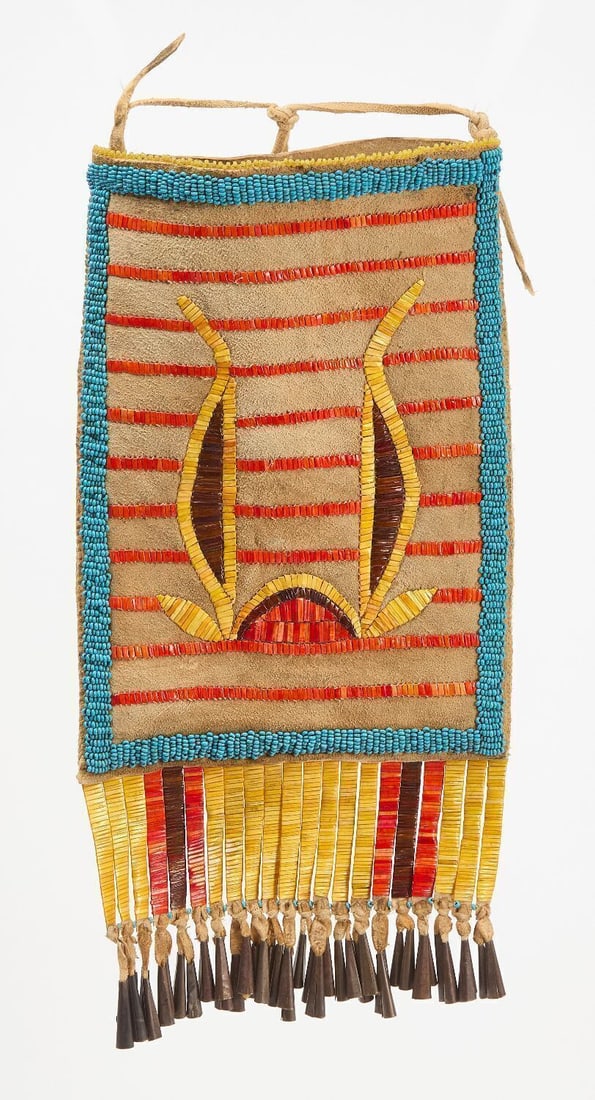 Quillwork and Beaded Bag: Native bag quillwork and beads on hide. Sinew sewn. Circa 1900. L 14 in. W 7 in.