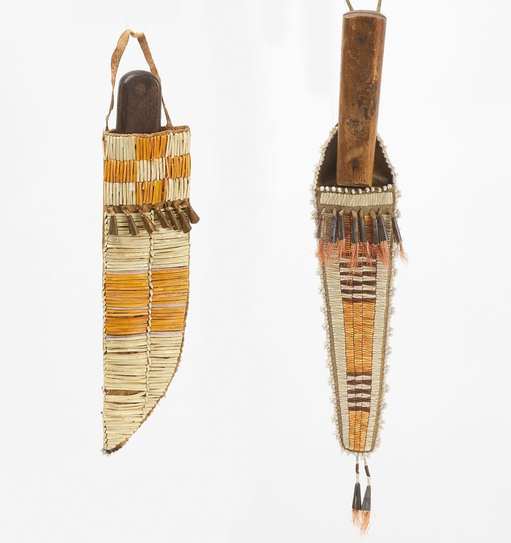 Two Native Knife Sheaths: Two Native knife sheaths. Quillwork on hide, circa 1900. L with drop: 9 in. L 8-1/2 in.