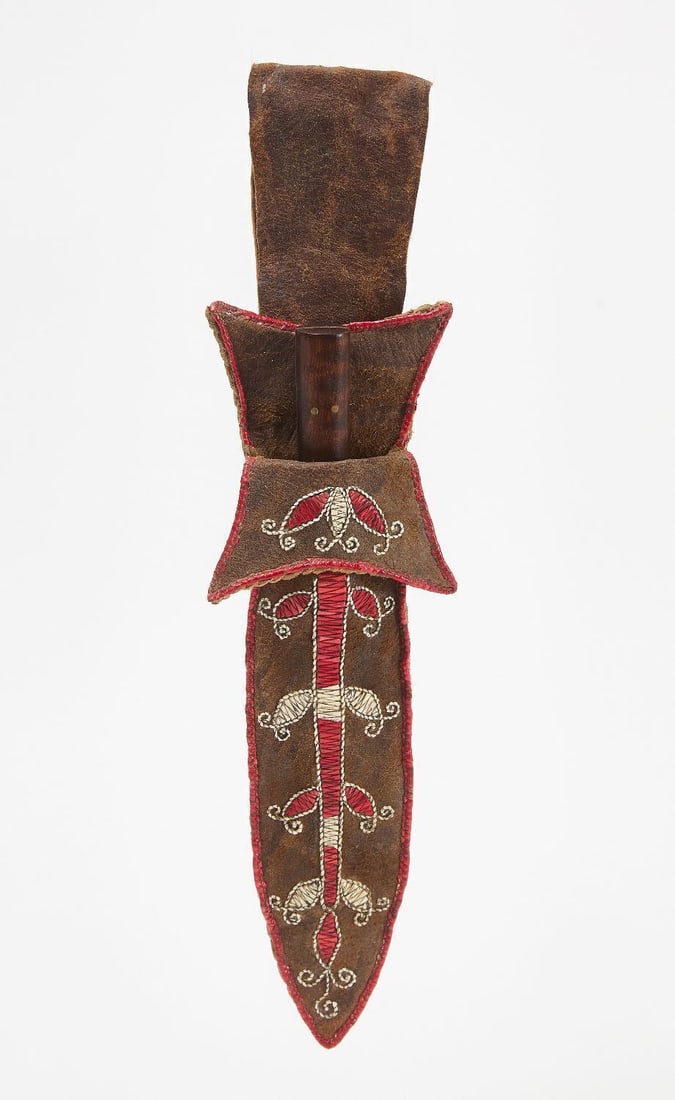 Quill Work Native Knife Sheath: Quill work Native knife sheath. Quill on leather. Sinew sewn. Circa 1910. L without belt loop: 11 in.