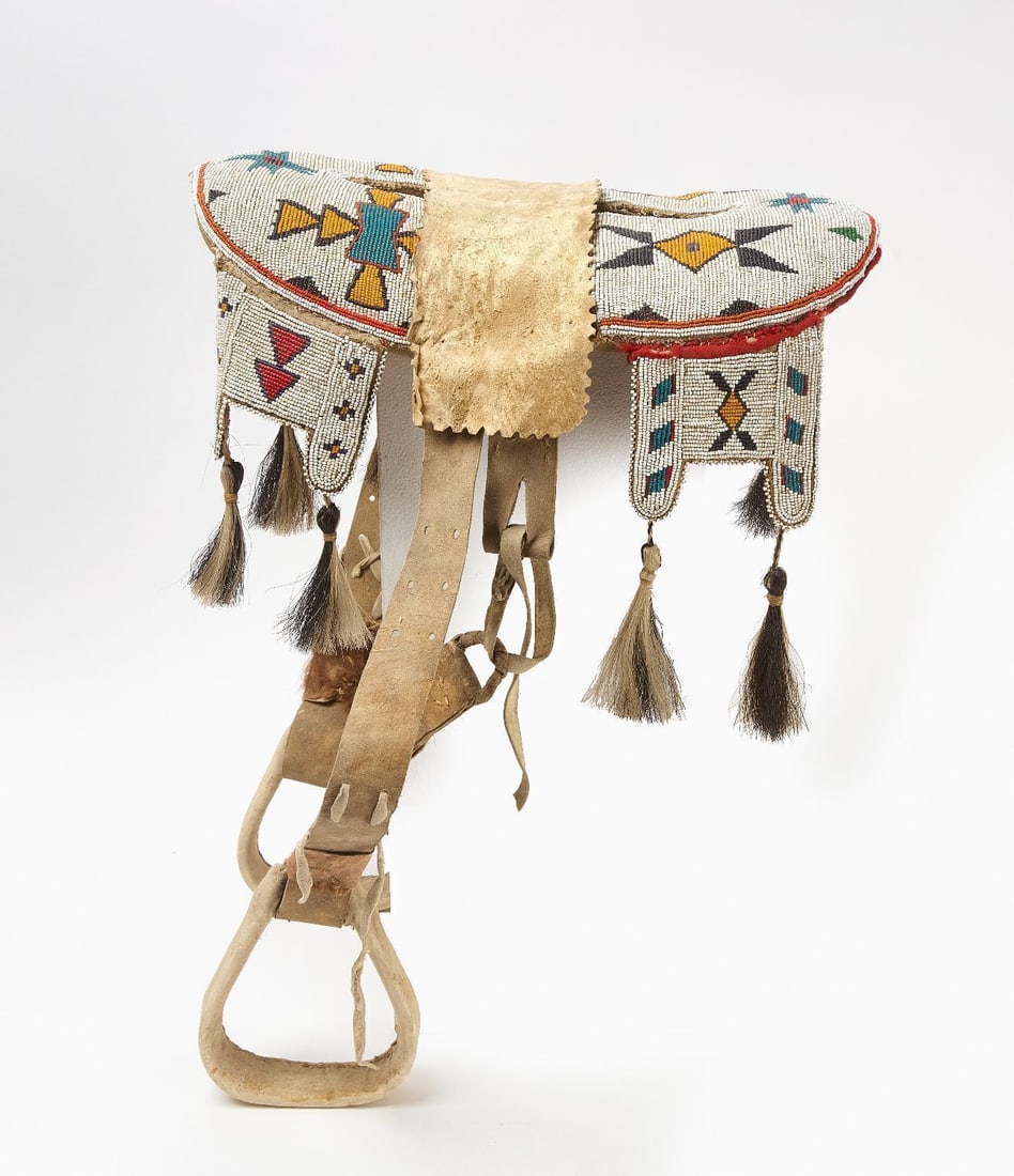 Native American Beaded Saddle: Native American Beaded Saddle. Late 19th century. H 31-1/2 in. W 5-1/4 in. L 19-1/4 in 