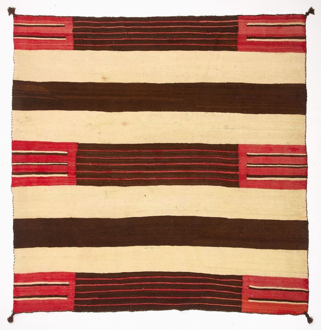 Navajo Women's Blanket: Navajo women's blanket with striped geometric patterns. 19th century. L 55-1/2 in. W 54 in. 