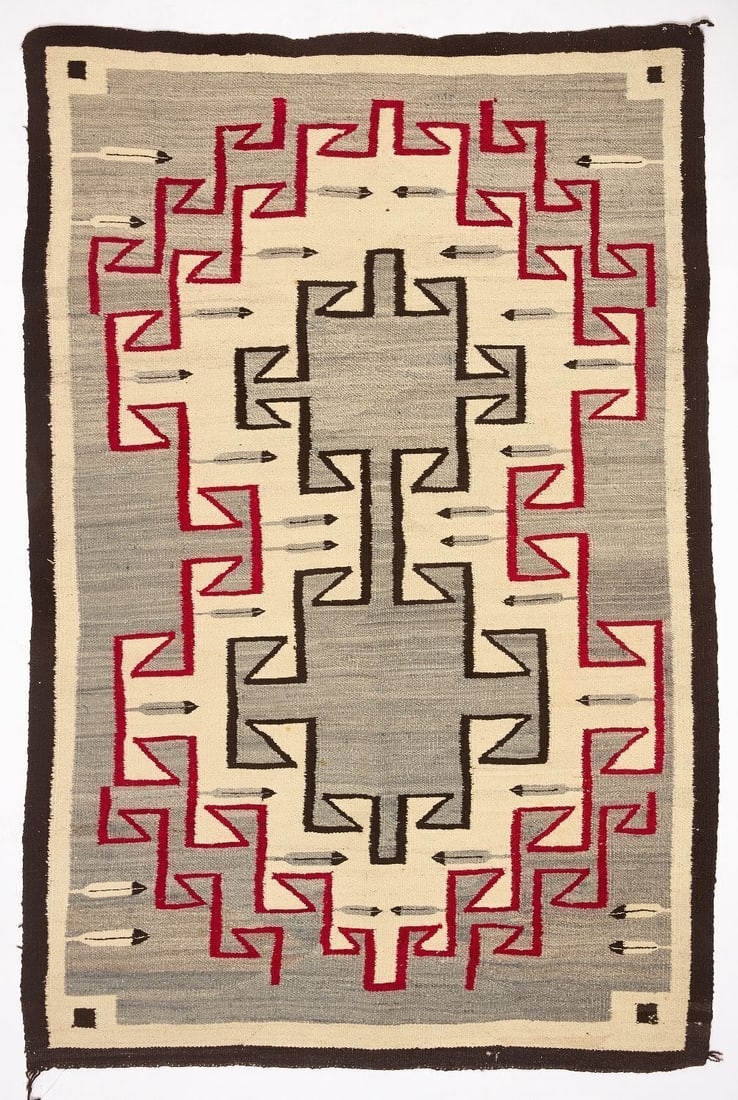 Native American Pictorial Rug: Native American pictorial rug with feathers. Southwestern US, circa 1940. L 65-1/4 in. W 43-1/2 in.