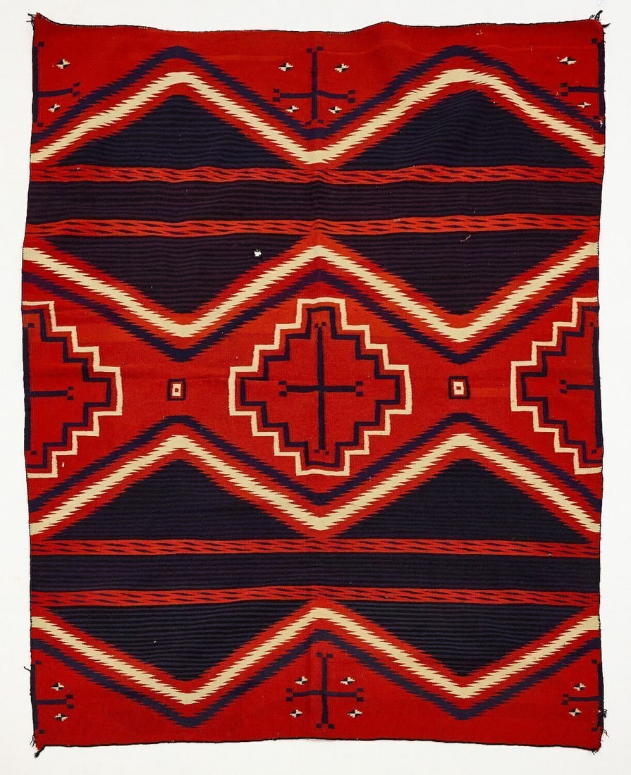 Native American Moki Weaving: Native American , Moki Germantown yarn with some handspun and some indigo. Northeastern Arizona region. L 79 in. W 63 in.