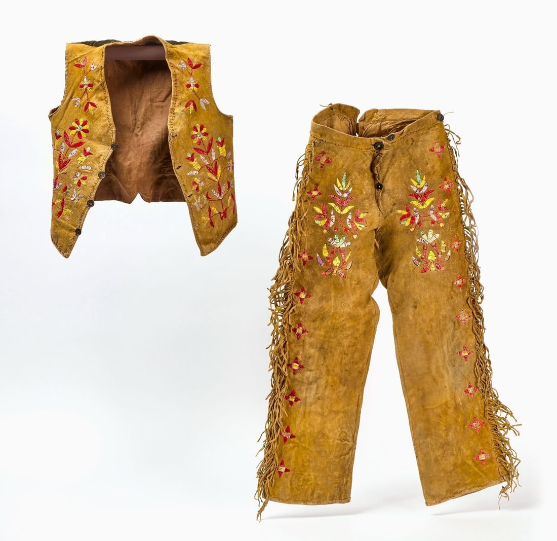 Sioux Outfit: Satee Sioux or Metis quillwork on hide vest and trousers ensemble, late 19th century. Bottom: H 33 in. W 13 in. Top: H 19 in. W 14 in.