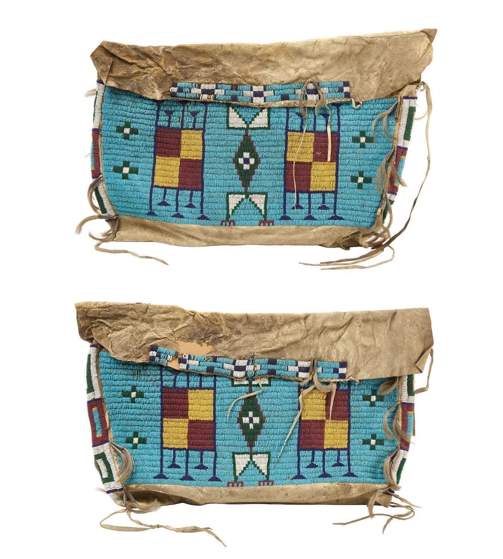 Two Possible Bags: Two Possible bags. Beadwork on hide. Sinew sewn. Plains region. 19th century. Each approx. H 14 in. W 24 in.