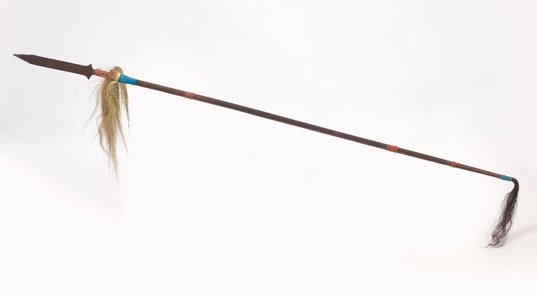 Native American Lance: Native American Lance with spearhead. Horsehair and leather wraps over carved wood. Late 19th century. Overall: L 82 in. Spearhead: L 12 in.
