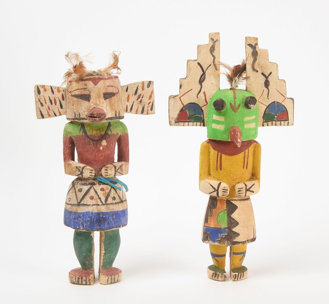 Two Katchina Dolls by the Same Maker: Two Katchina dolls by the same maker. Carved cotton wood with original paint. Hopi mid 20th century.</p><p>H 13 in. and 15 in.</p>