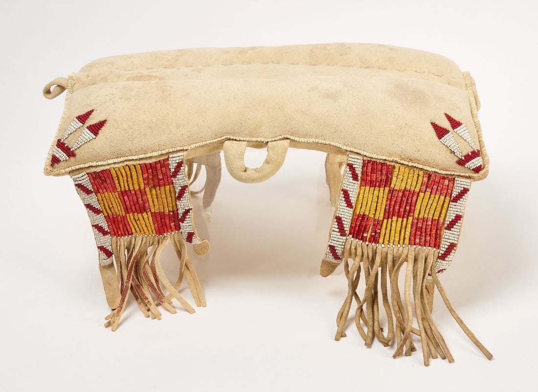 Native American Beaded Saddle Cover: Native American beaded saddle with quill work cover from Plains . Mid-20th century. H 20 in. W 13 in.