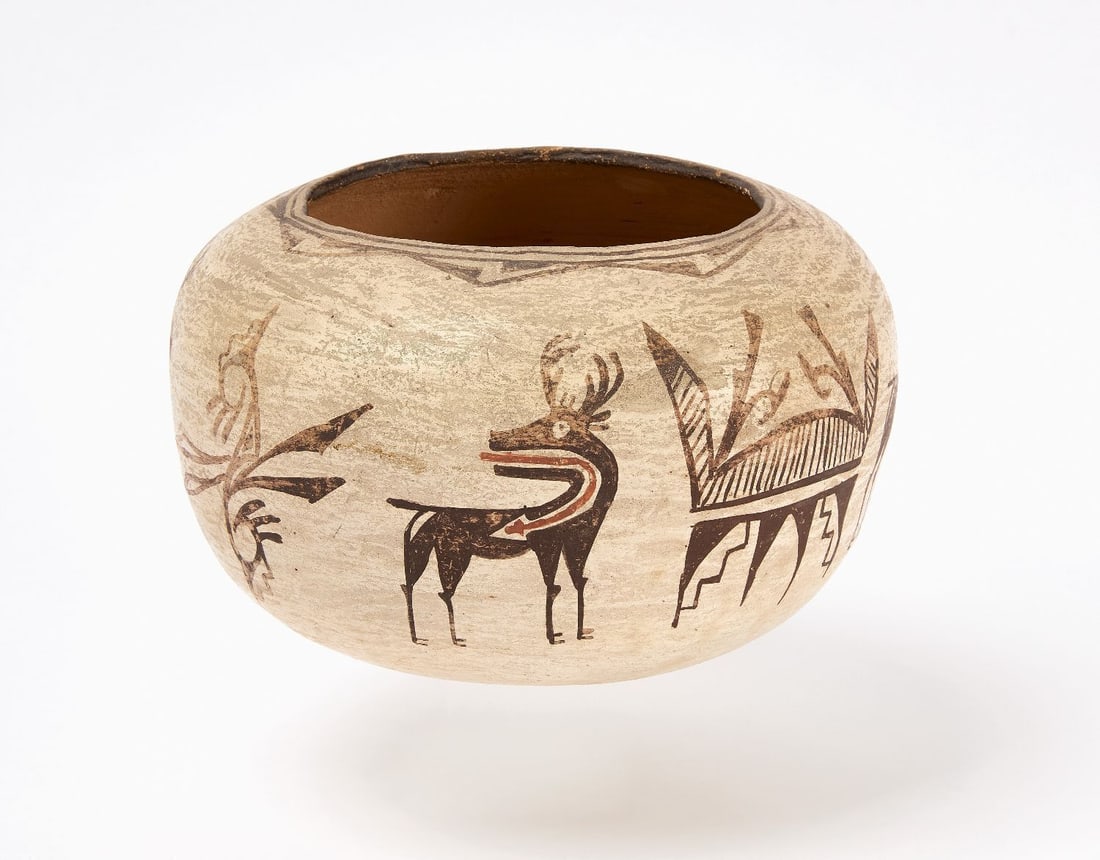 Zuni Polychrome Olla with Heartline Deer: Zuni polychrome pottery olla with heartline deer. Southwestern US, circa 1880-1900. H 6 in. D 9 in. (Mouth) D 5-1/4 in.
