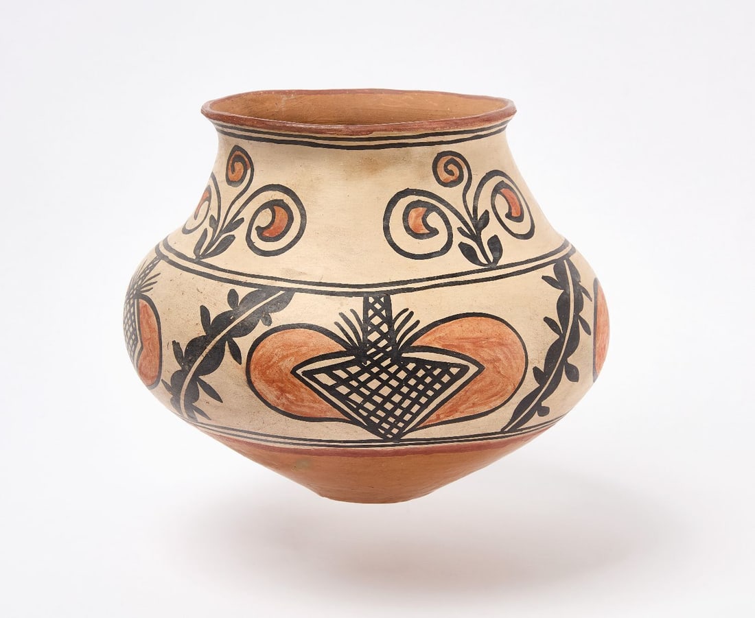 Large San Ildefonso Polychrome Jar: Large San Ildefonso Polychrome Jar. Concave base. Southwestern US, circa 1910-1920. H 10-3/4 in. D 13 in. D (mouth) 8-1/4 in.