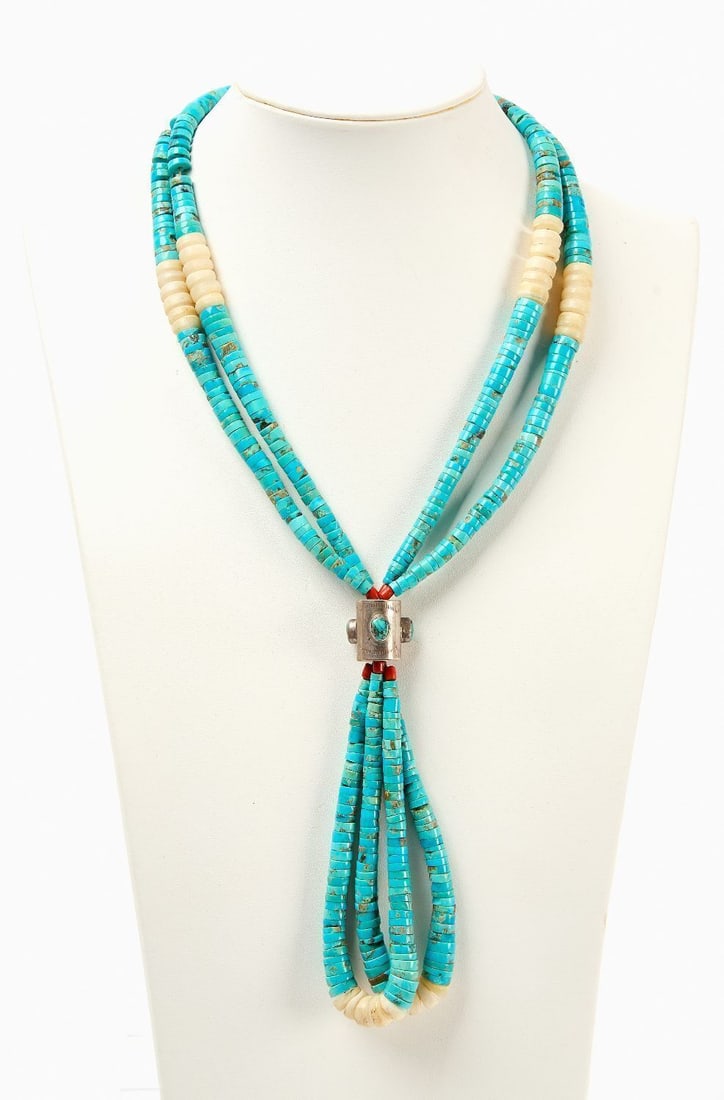 Double-Strand Native American Turquoise Stack Necklace: Native American double-strand turquoise stack necklace. Southwestern US, mid 20th century. L 15 in.