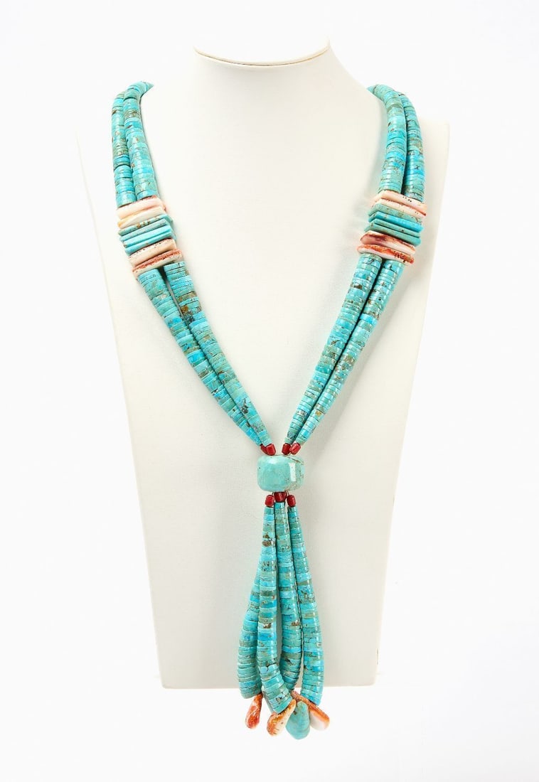 Native American Turquoise Stack Necklace: Native American turquoise stack necklace. Southwestern US, mid 20th century. L 21 in.