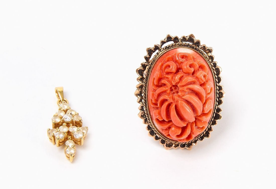 18k Gold Ring and Pendant: 18k rose gold ring with carved coral (size 6), together with a small cluster pendant with melee diamonds. Total Weight: 5.3 dwt.