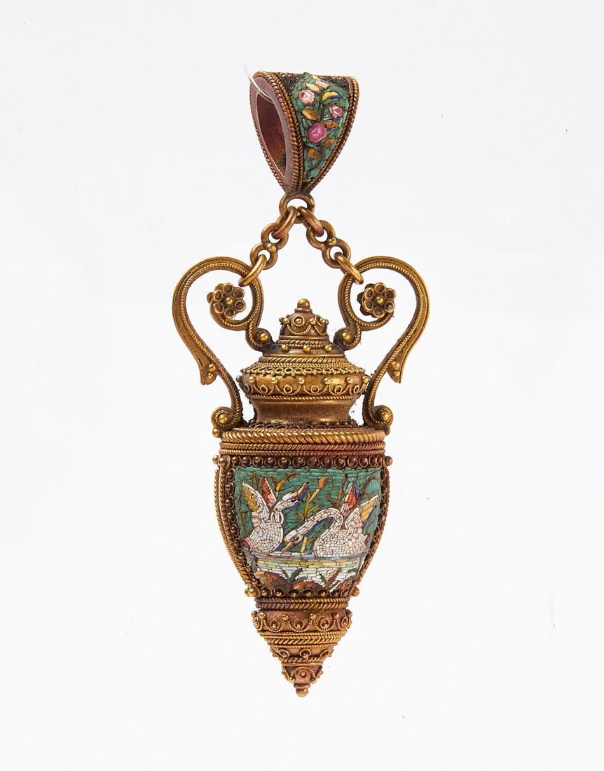 14k Micromosaic Vinaigrette Pendant with Swans (1 of 3)