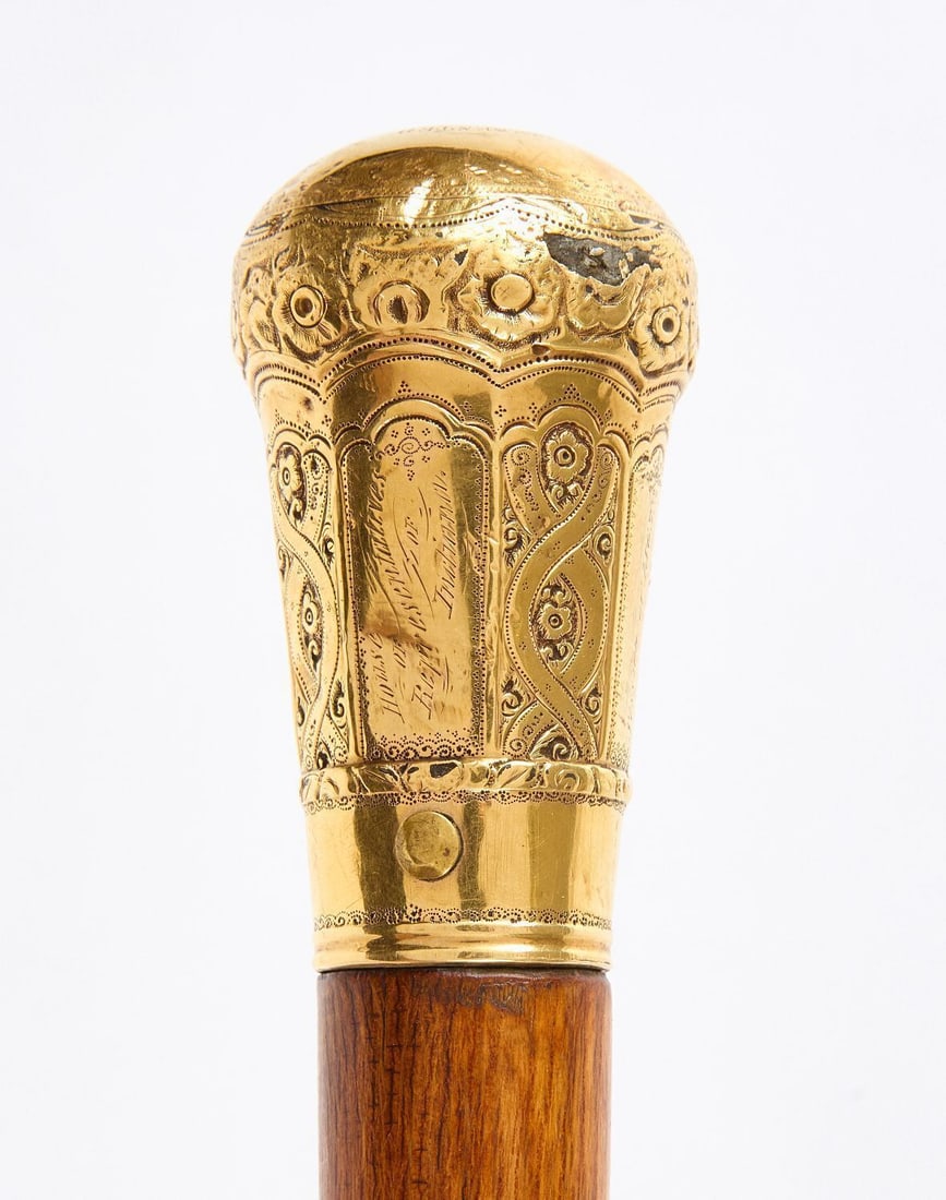 15K Gold Presentation Walking Stick for House of Rep. Samuel H. Buskirk: 15K Gold Presentation Walking Stick, Hon. Samuel H. Buskirk (1820–1879), Speaker of the Indiana House of Representatives. Hardwood shaft surmounted by an engraved gold top. Top face inscribed: P