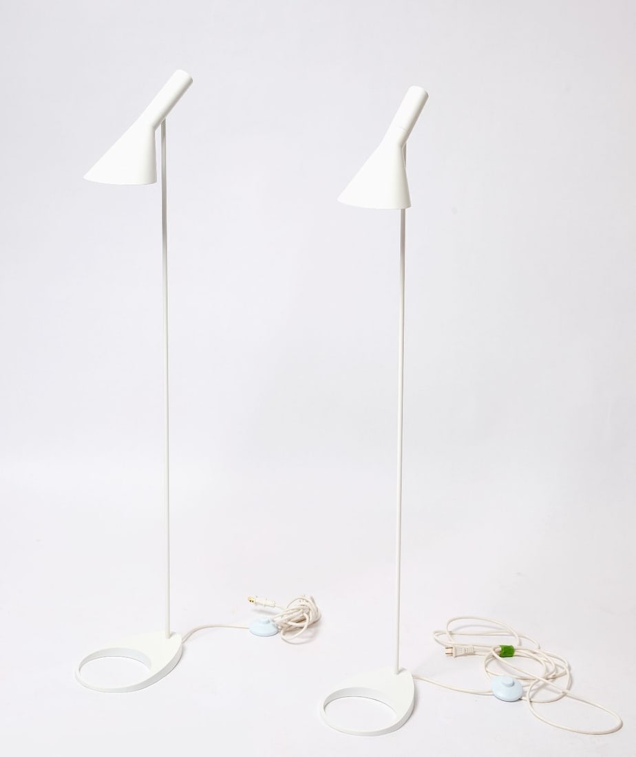 Pair of 'AJ' for Louis Poulsen Floor Lamps: Pair of Floor Lamps By Arne Jacobsen for Louis Poulsen. Denmark, 21st century. H 51-1/4 in. Base D. 10-3/4 in.