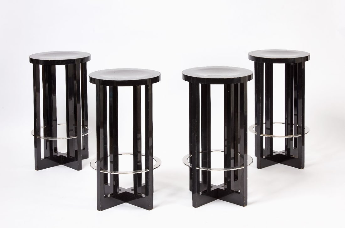 Four Modern Barstools by Richard Meier for Knoll: Four Modern Barstools by Richard Meier (American, b. 1934) for Knoll. Part of a larger collection designed by Meier for Knoll. Black lacquered wood and chrome-plated steel. America, late 20th