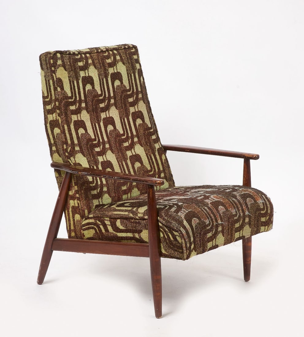 Mid Century Modern Armchair: Mid century modern armchair. Likely period upholstery. American, circa 1960. H 38 in. W 26-1/4 in. D 31-1/2 in.