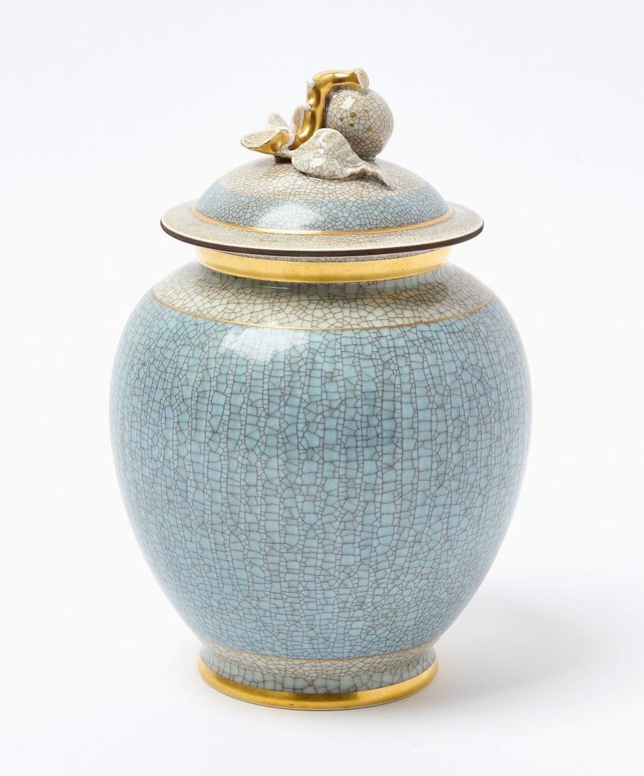 Thorkild Olsen for Royal Copenhagen Lidded Jar: Thorkild Olsen (Frederiksberg, Denmark 1890-1973) for Royal Copenhagen, porcelain lidded jar. Featuring fruit-form finial, turquoise and white crackle glaze with gold trim along rim,