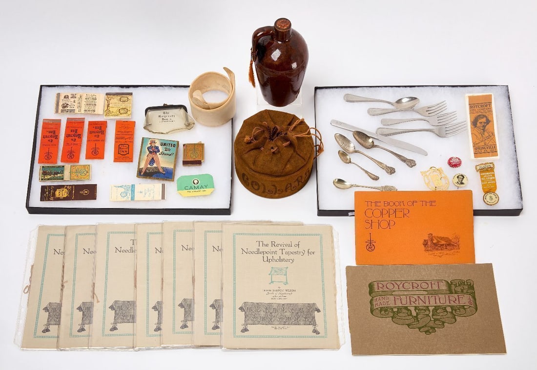 Group of Roycroft Ephemera and Catalogues: Group of Roycroft Ephemera and Catalogues. Lot includes 'The Book of The Copper Shop' catalogue, a 'Royrcroft Handmade Furniture' catalogue stamped March 25, 1914, and 10 copies of the