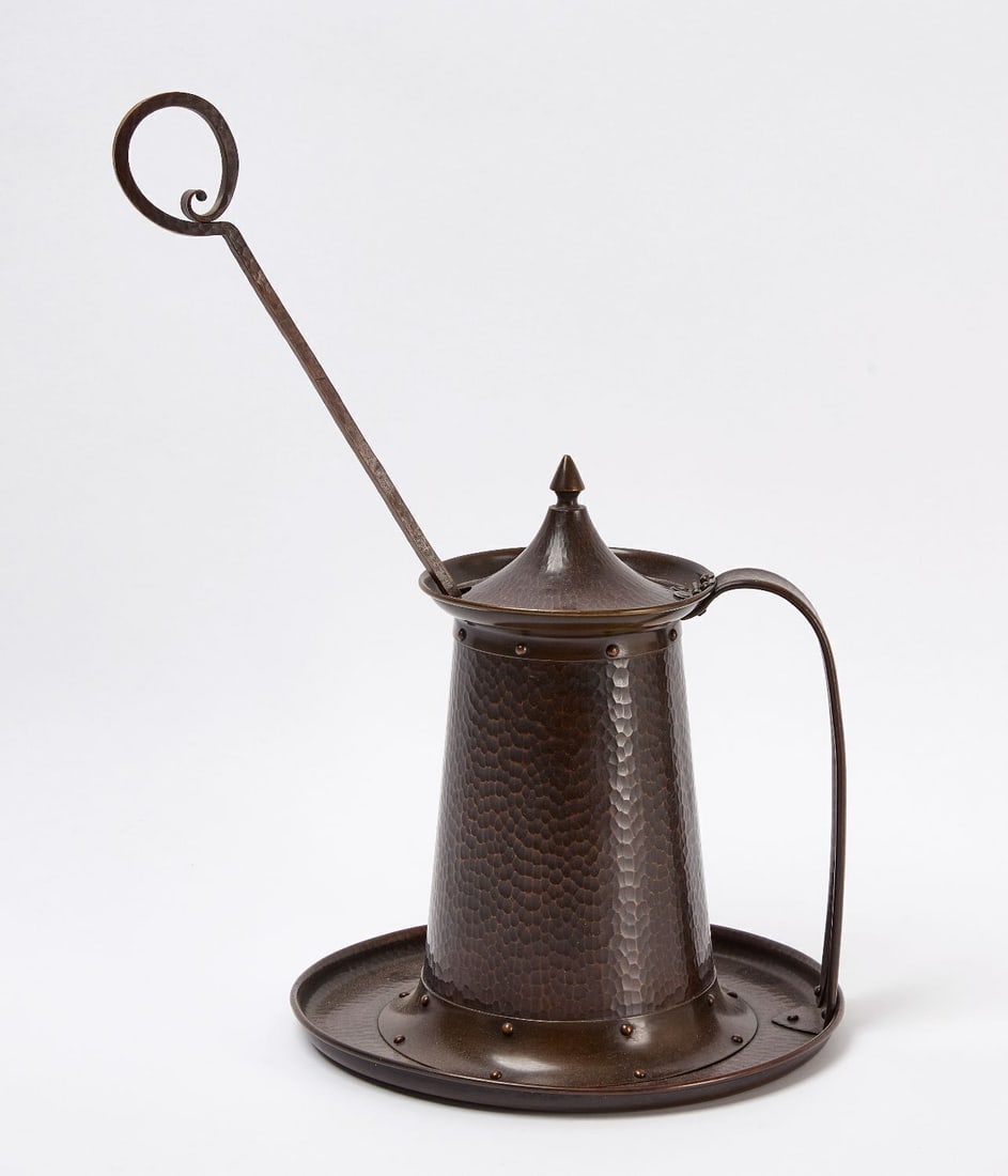 Roycroft Fire Starter Smudge Pot and Wand:  Roycroft Fire Starter Smudge Pot and Wand. Hammered copper in Aurora Brown finish/patina. Impressed orb and cross mark to underside. American, circa 1920. Pot: H 11-1/2 in. Base Dia.