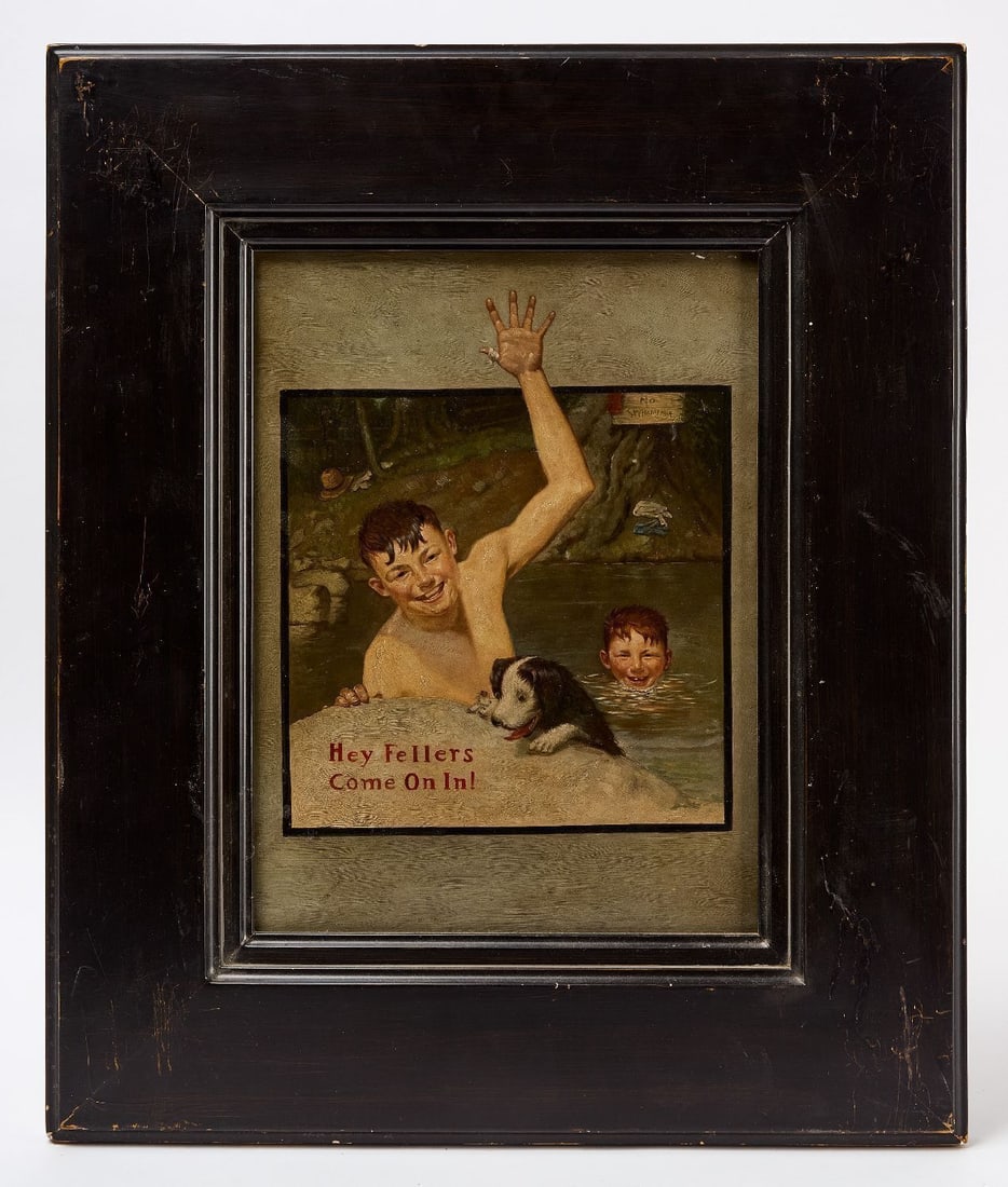 Illustration Artwork after Norman Rockwell - 'Hey Fellers, Come On In!': Illustration artwork after Norman Rockwell's 'Hey Fellers, Come On In!' cover that was first published in 1920. Oil on board. Original wood frame. American, early 20th century. Frame: H 24