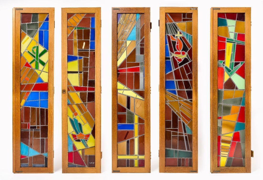 Set of Five Tolleri Studios Modernist Stained Glass Doors: Set of five modernist stained glass doors. One signed Tolleri Studios - Florence, Italy 1961. Each: H 77-1/2 in. W 18-1/8 in. D 1-3/4 in.