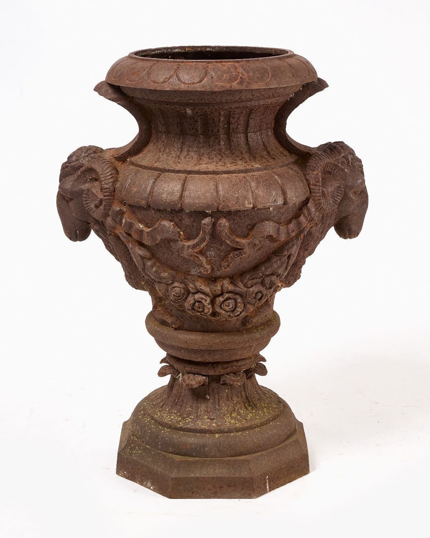 Urn with Ram Heads: Large garden urn with ram heads. Cast iron, with floral swag elements. Probably European, 19th century. H 34-1/4 in. D 26-1/2 in. (Mouth) D 12 in.