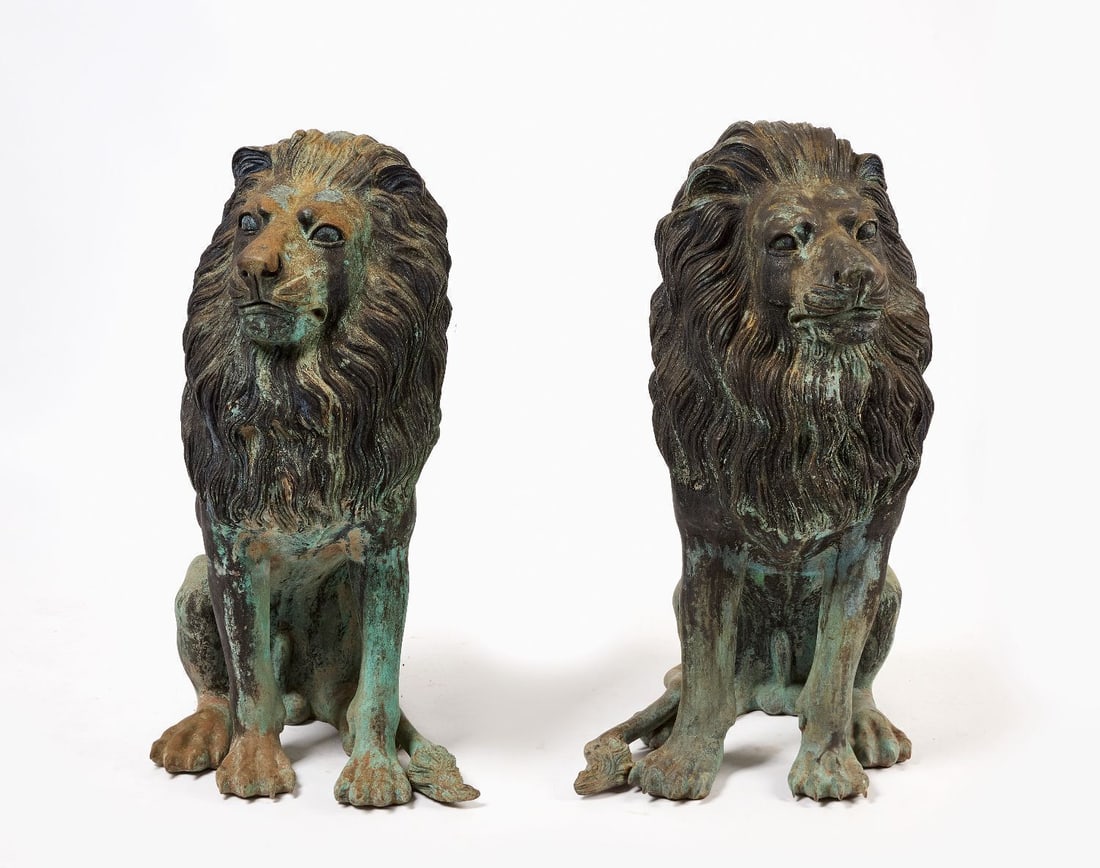 Pair of Bronze Lions: Pair of seated garden lions. Cast bronze with natural verdigris patina. Early 20th century. H 36 in. W 20-1/2 in. D 21-1/2 in.