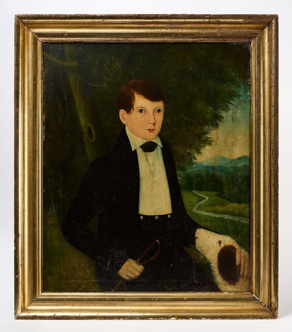 Portrait of a Boy with Dog: Portrait of a young boy with his dog. Oil on canvas laid to masonite. Period gilt frame. English or American, circa 1840. Frame: H 35-3/4 in. W 30-5/8 in. Sight: H 30-1/8 in. W 25 in.