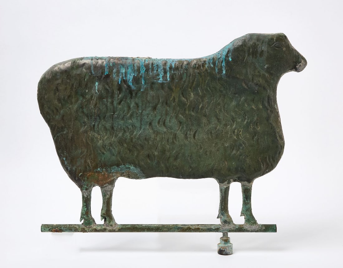 Ewe Weathervane: Ewe weathervane. Molded copper with a natural verdigris patina. Probably by Cushing and White, Massachusetts, circa 1880. H 18 in. W 24-1/2 in. No stand included with this lot.