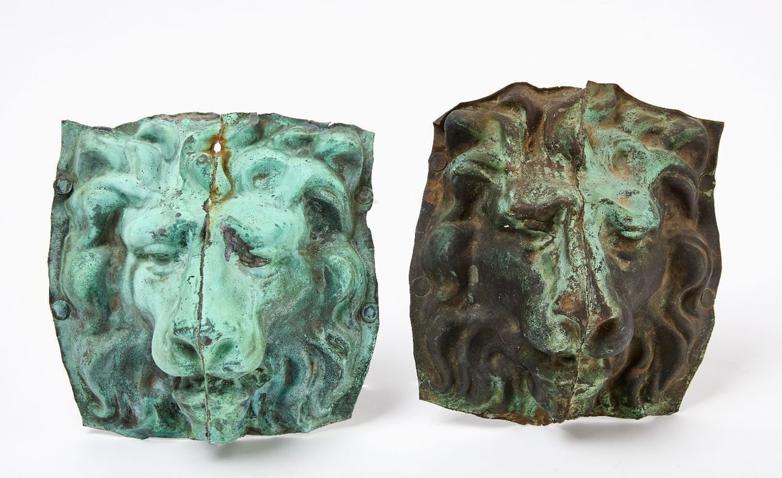 Pair of Architectural Lion Heads: Pair of architectural lion heads. Copper with natural verdigris patina. American, circa 1890. H 7 in. W 6-7/8 in.