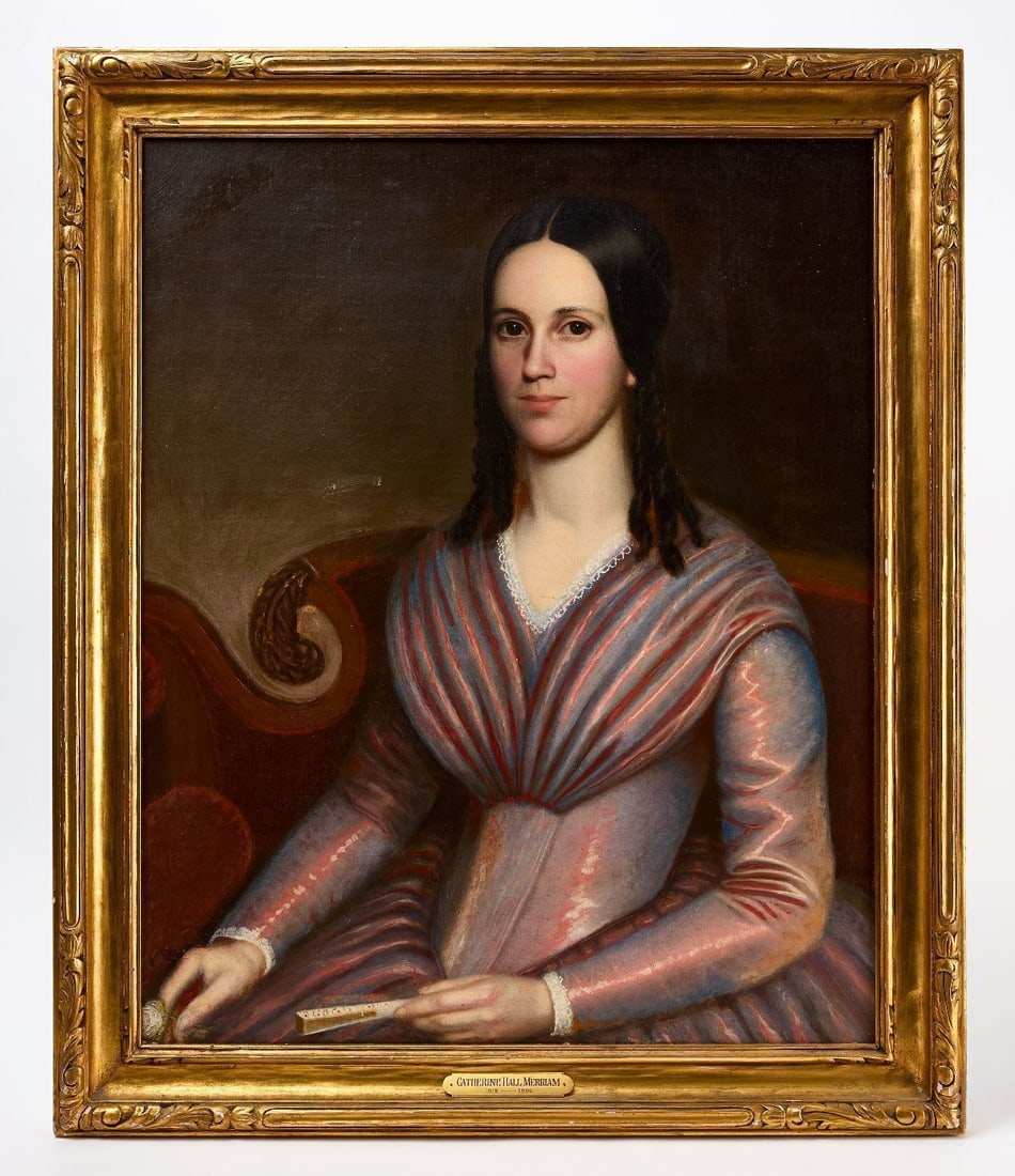 Portrait of Catherine Hall Merriam: Portrait of an identified sitter, Catherine Hall Merriam (1819–1890). Oil on canvas. Period frame. Newer backing with hand-written label remnants with information on the sitter. American, mid