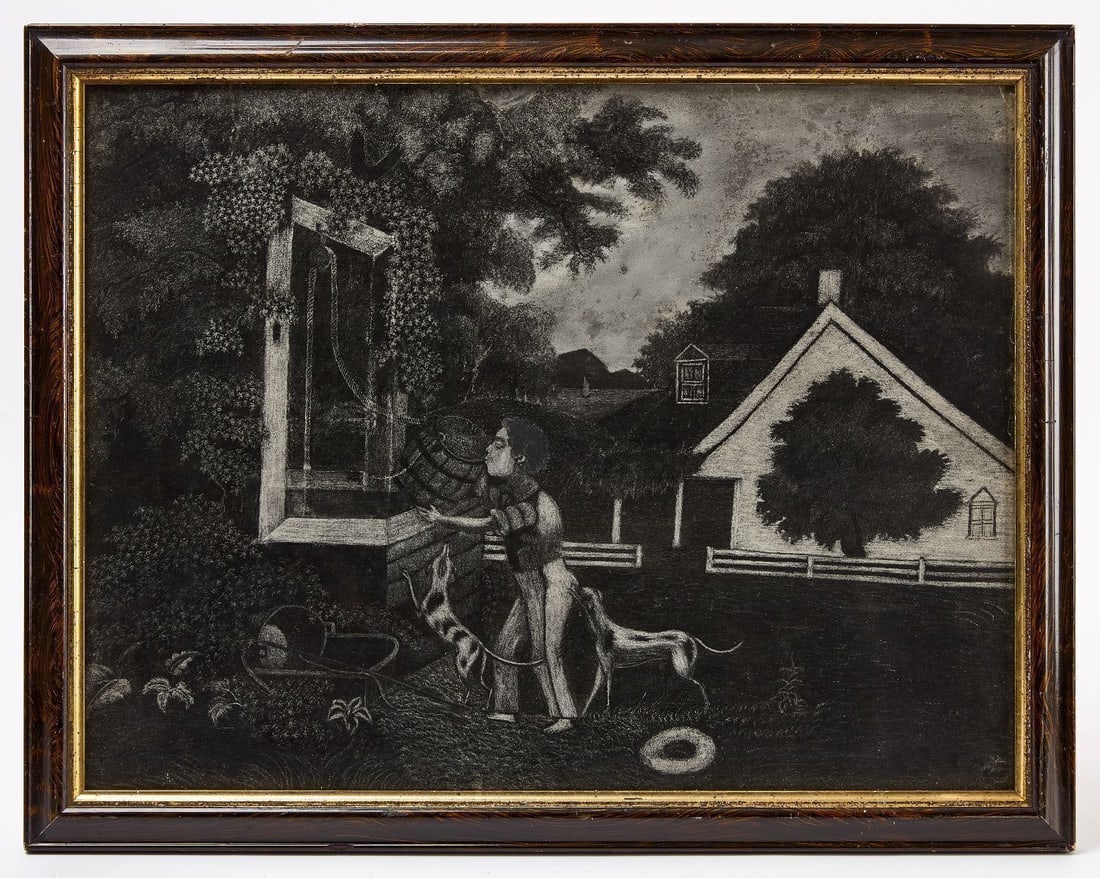 Folk Pastoral Sandpaper Drawing: A folk pastoral sandpaper drawing in period frame with painted wood grain. Scene depicts a man drinking from a well with a dog playfully nipping at his rear, set on a farm with a body of water in the 