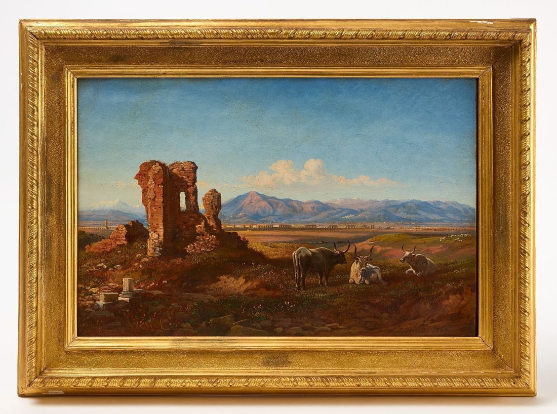 Arthur John Strutt - View of the Roman Campagna with Ancient Ruins: Arthur John Strutt (1819-1888), View of the Roman campagna with ancient ruins and oxen. Oil on canvas. Signed and dated LR, 'A.J. Strutt, 1867' Canvas: H 12 in. W 18-3/8 in. Frame: H 17-1/4